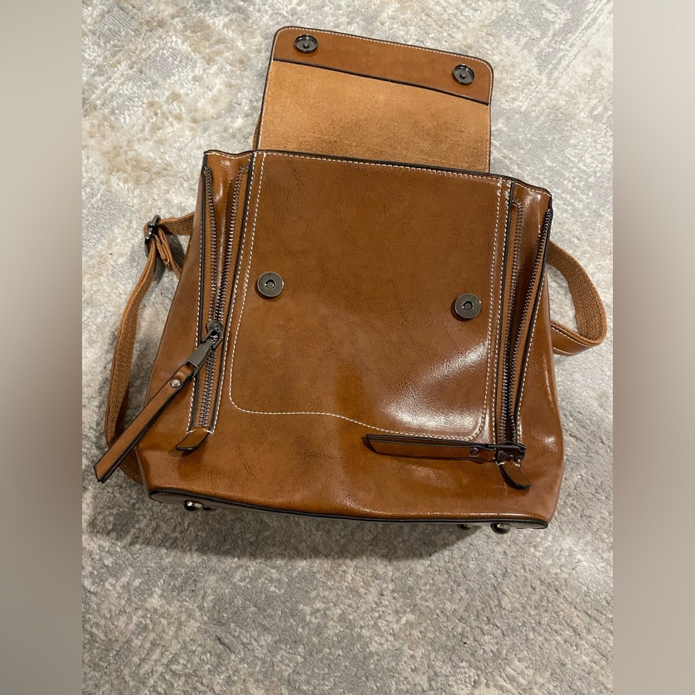 Top Grain Leather Womens Backpack Retro Style Rucksack Shoulder Bag Carmel Brown - Picture 6 of 12